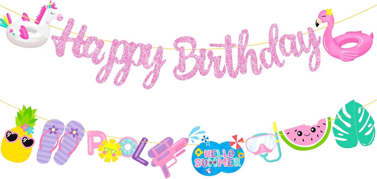 Pool Birthday Party Banners 2Pcs Swimming Pool Party Cutout Banners Glitter Pink Hawaii Pool Party Garlands Baby Shower Decorations Hello Summer Pool Supplies for Girls